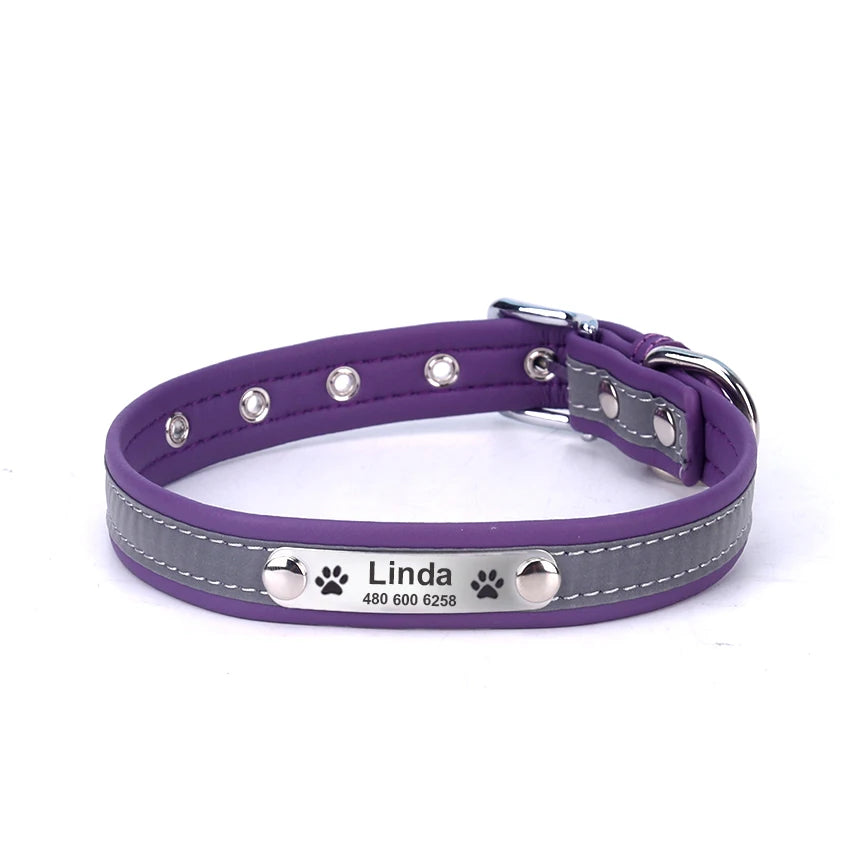 Engraved ID Leather Reflective Dog Cat Collar