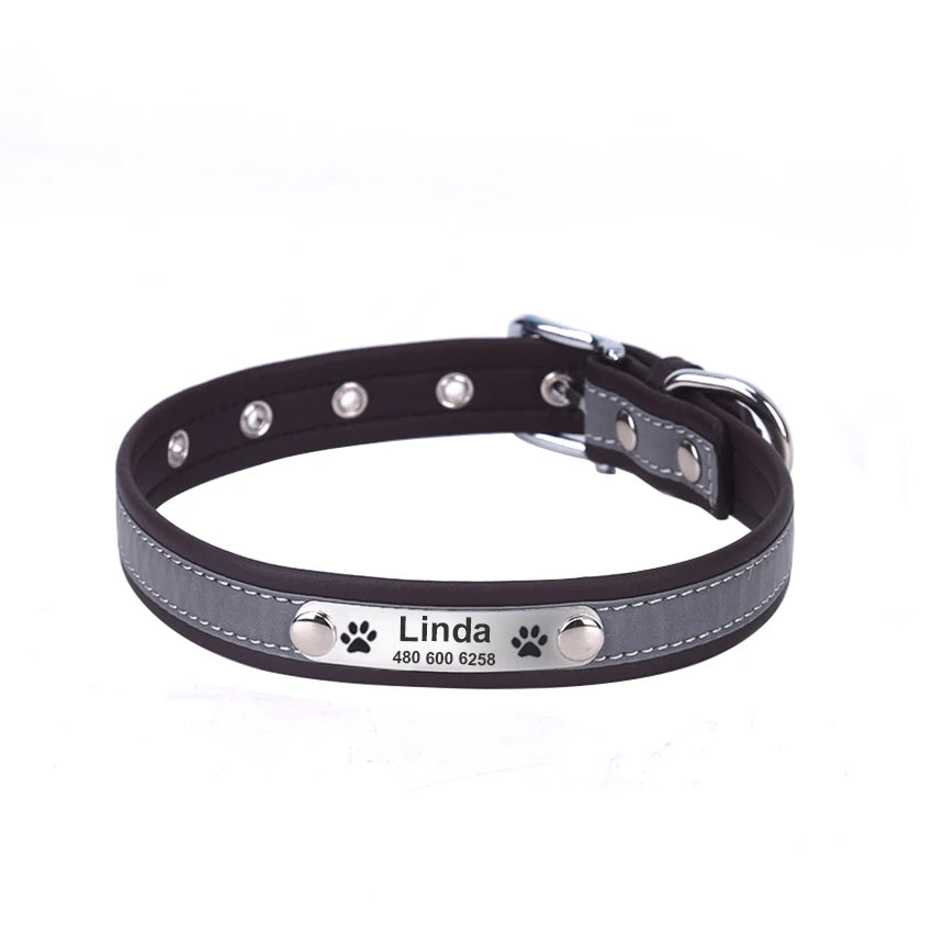 Engraved ID Leather Reflective Dog Cat Collar