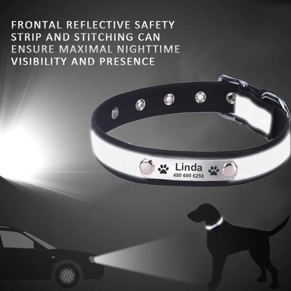Engraved ID Leather Reflective Dog Cat Collar