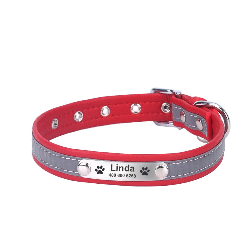 Engraved ID Leather Reflective Dog Cat Collar