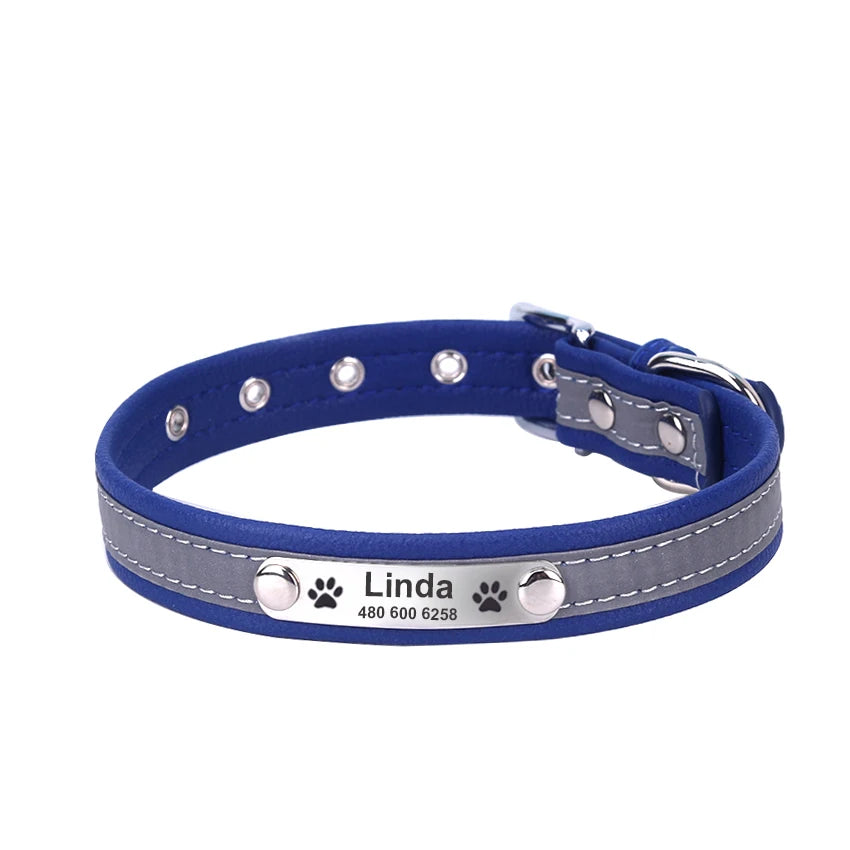 Engraved ID Leather Reflective Dog Cat Collar
