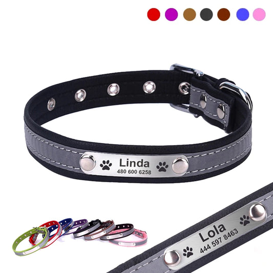 Engraved ID Leather Reflective Dog Cat Collar