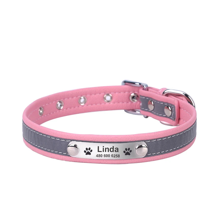 Engraved ID Leather Reflective Dog Cat Collar
