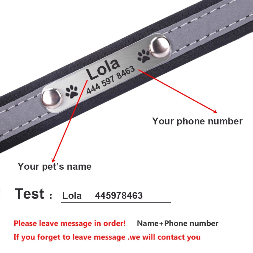 Engraved ID Leather Reflective Dog Cat Collar