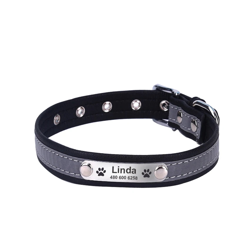 Engraved ID Leather Reflective Dog Cat Collar
