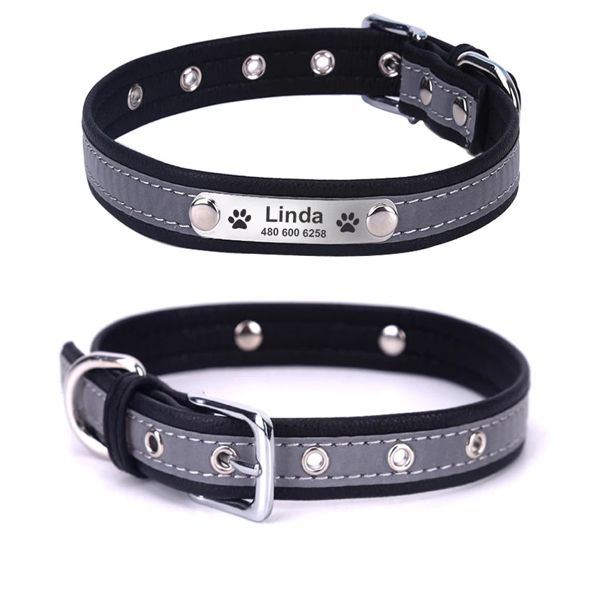 Engraved ID Leather Reflective Dog Cat Collar