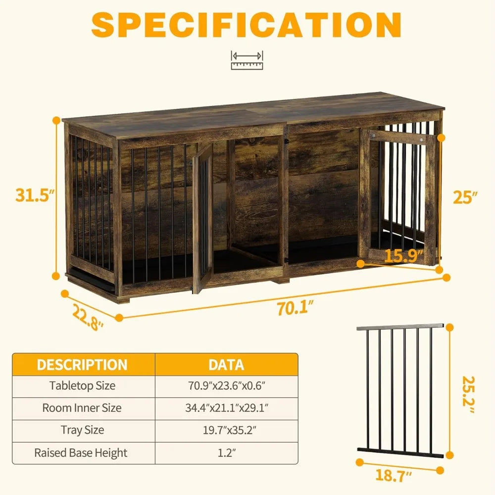 70" Wooden Dog Kennel With Removable Divider