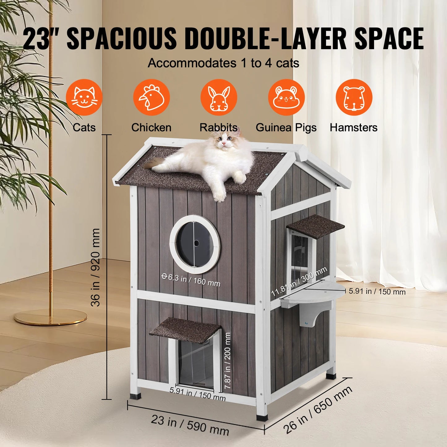 Outdoor Weatherproof Cat Shelter With Doors Window